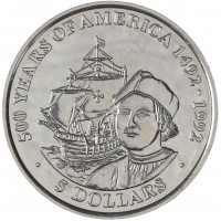 Острова Кука 5 долларов 1991 500 лет открытию Америки