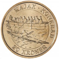 Монета Дания 20 крон 2010 Корабли - Каяк-Умиак