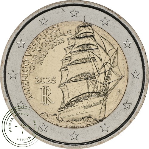 Италия 2 евро 2025 Кругосветное путешествие учебного судна Amerigo Vespucci 2023-2025