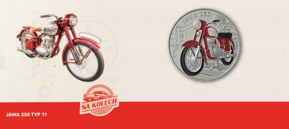 Серебряная монета серии «Великий чешский транспорт» с изображением стильного мотоцикла Jawa 250