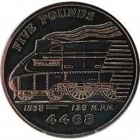 Монета Гернси 5 фунтов 2004 локомотив Mallard