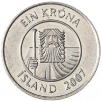 Монета Исландия 1 крона 2007