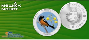 Аруба 5 флоринов Трупиал: серия Исключительные животные, серебро с цветом