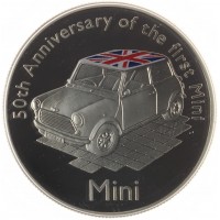 Монета Олдерни 5 фунтов 2009 50 лет первому мини куперу