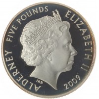 Монета Олдерни 5 фунтов 2009 50 лет первому мини куперу