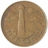 Монета Барбадос 5 центов 1988