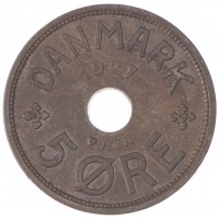 Монета Дания 5 эре 1927