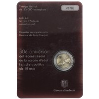 Монета Андорра 2 евро 2015 30 лет принятия возраста совершеннолетия в 18 лет