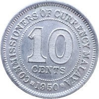Монета Малайя 10 центов 1950