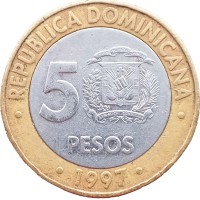 Монета Доминикана 5 песо 1997