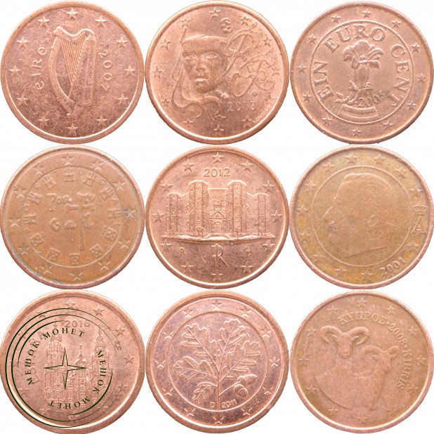Набор монет 1 евроцент (9 монет)
