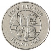 Монета Исландия 5 крон 2008