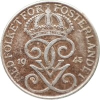 Монета Швеция 5 эре 1945