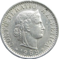 Монета Швейцария 20 раппенов 1969