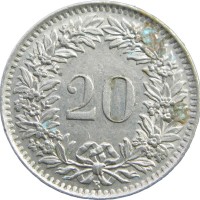 Монета Швейцария 20 раппенов 1964