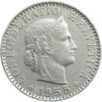 Монета Швейцария 20 раппенов 1955