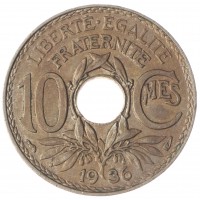 Монета Франция 10 сентим 1936