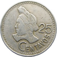 Монета Гватемала 25 сентаво 1989