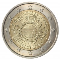 Монета Франция 2 евро 2012 10 лет наличному обращению евро