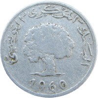 Монета Тунис 5 миллим 1960