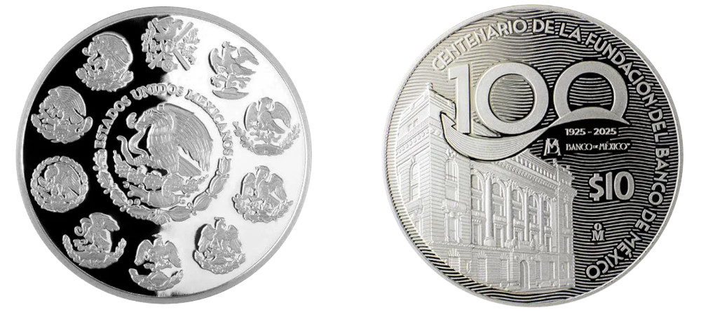 Мексиканская серебряная монета 10 песо 2025 года 100 лет Банко де Мексико - Каталог монет
