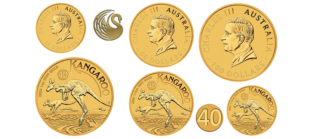 Золотая монета Кенгуру Австралия 2026 40 лет серии с юбилейной меткой