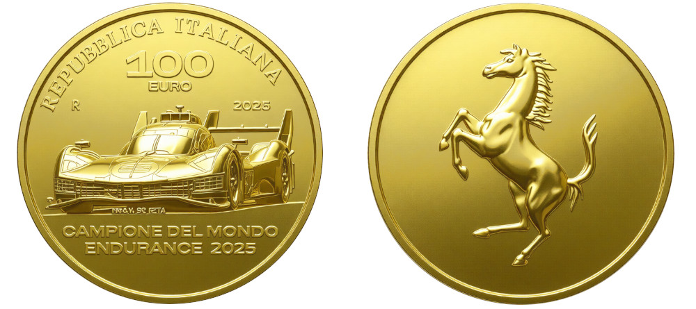 Золотая монета Италии 100 евро Феррари 499P жеребец чемпион Endurance
