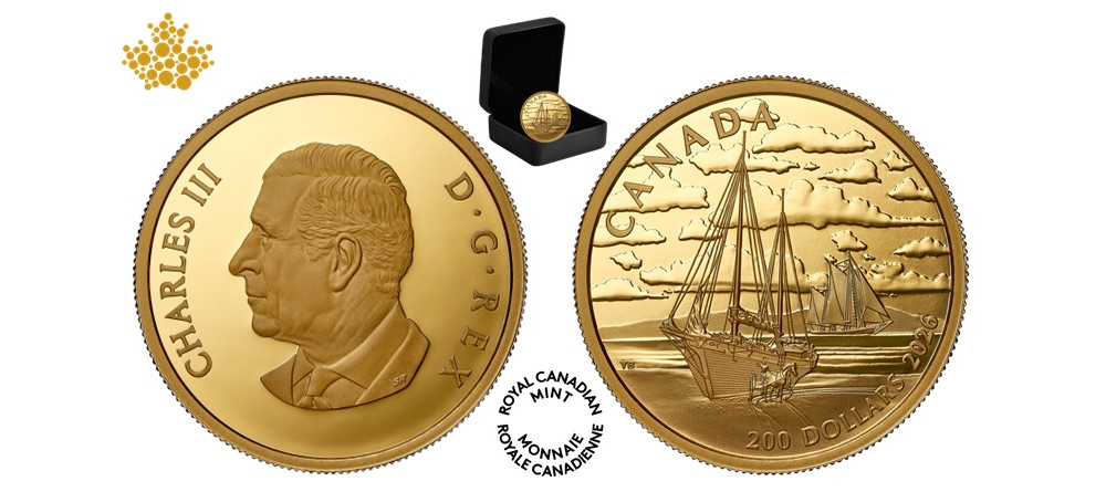 Реверс золотой монеты 200 долларов Канада с изображением кеча под парусами и на мели при отливе, лошадь с повозкой загружает бревна, серия Высокие парусники, качество Proof