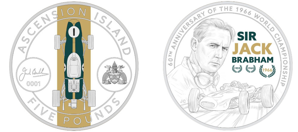 Проект реверса и аверса монеты серии Motorsports Legends Джек Брэбем дизайн Джоди Кларк болид Формулы-1 1966 года Commonwealth Mint