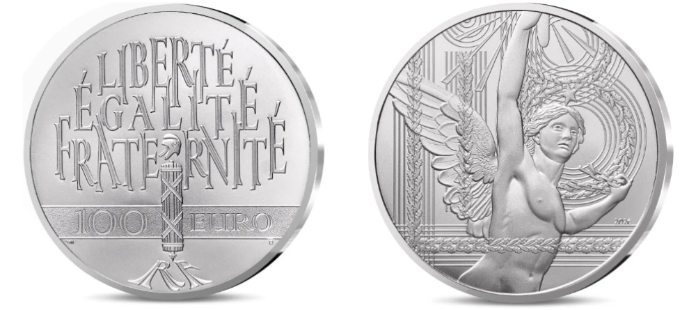 Серебряная монета Франции 100 евро 2026 года Гений Свободы с факелом и разорванной цепью