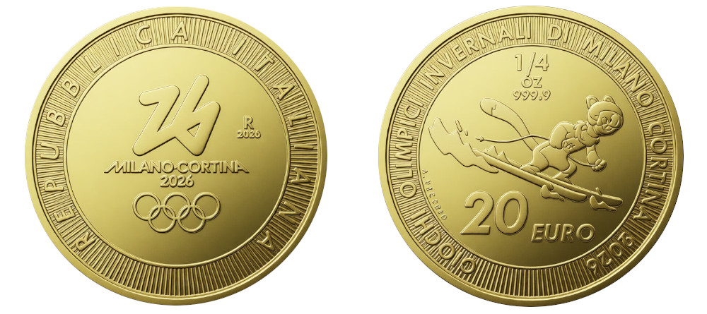 Золотые монеты Италии 20 и 50 евро Олимпиада Милан-Кортина 2026 маскот на лыжах