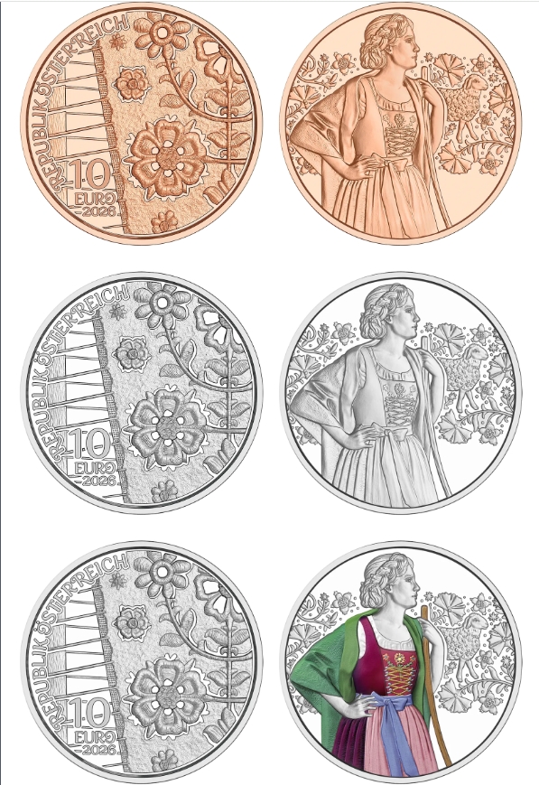 Монеты 10 евро Австрия Лоден с изображением женщины в дирндле с вышитым корсетом, лоденовый шарф, пастуший посох, стилизованная овца в орнаменте, цветная печать