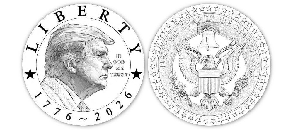 Кандидатный дизайн аверса и реверса долларовой монеты США 2026 года с портретом Дональда Трампа и геральдическим орлом, рекомендации CFA