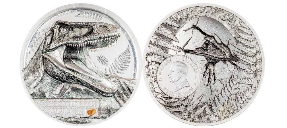 Серебряная монета Островов Кука 5 долларов 2026 кархародонтозавр с вставкой зуба динозавра