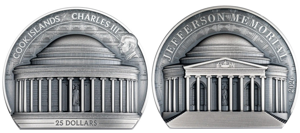 Серебряная монета-скульптура Островов Кука Мемориал Джефферсона 2 и 5 унций высокий рельеф