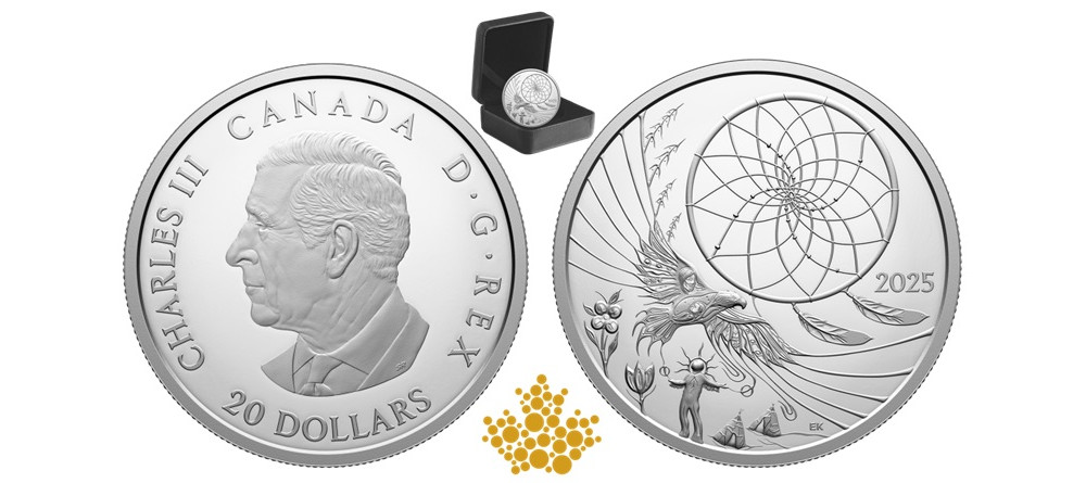 Реверс серебряной монеты Канады 2025 года с изображением ловца снов и сценой матери с ребенком-орлом