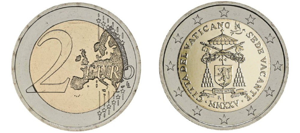 Монета Ватикана 2 евро Седе Ваканте 2025 года герб кардинала-камерленго ключи и зонтик