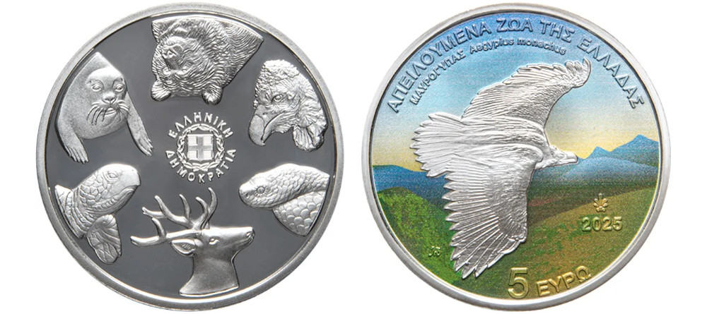 Серебряная монета 5 евро Греции 2025 года черный гриф под угрозой исчезновения