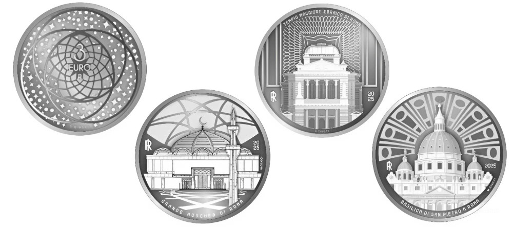 Три серебряные монеты 3 евро Италии 2025 года три монотеистические религии Рима