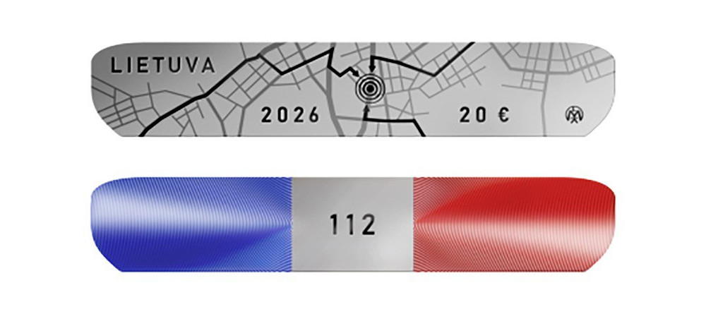 Серебряная монета Литвы 20 евро 112 2026 года нестандартной формы трапеция цветные огни