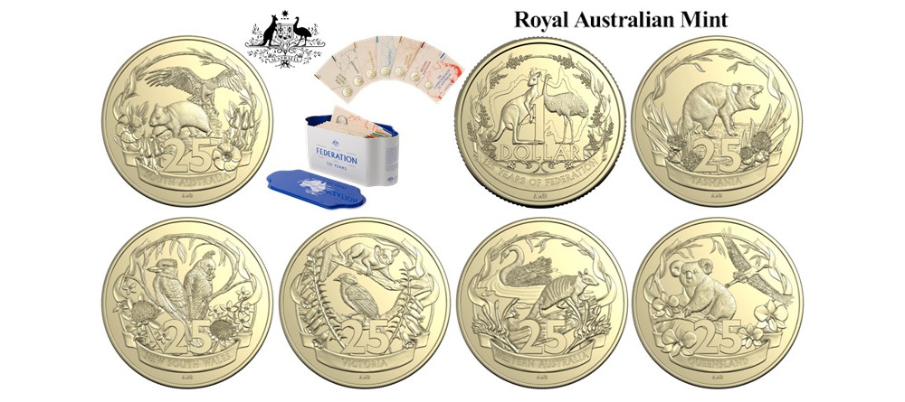 Серия монет Австралия 25 центов 125 лет Федерации с эмблемами флоры и фауны штатов: Новый Южный Уэльс, Квинсленд, Южная Австралия, Тасмания, Виктория, Западная Австралия, качество BU