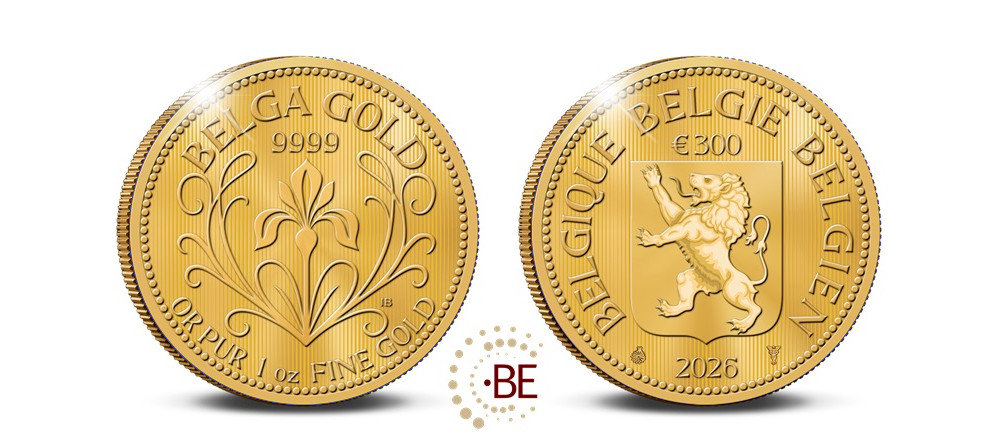 Инвестиционная золотая монета Бельгии Белга 2026 75 евро 300 евро ирис герб лев