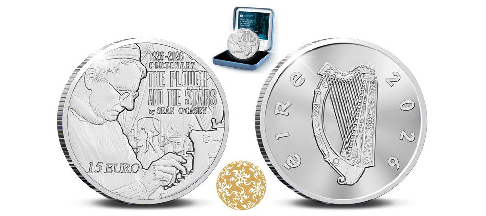 Серебряная монета Ирландии Шон О'Кейси 2026 15 евро пруф портрет драматург Театр Абби кларшах