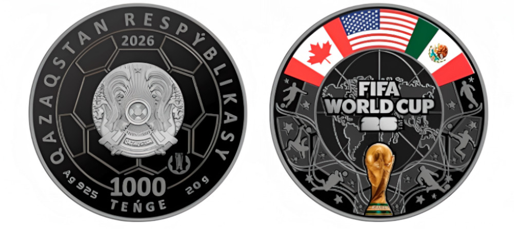 Памятная монета Казахстана ЧМ FIFA 2026 1000 тенге серебро цветная печать флаги Канада США Мексика футболисты кубок
