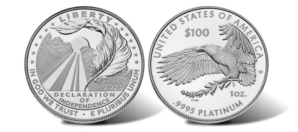 Платиновая монета США 100 долларов 2026-W пруф Декларация независимости аверс с лучами солнца и пером