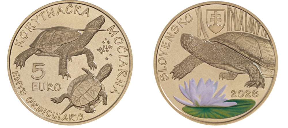 Словацкая памятная монета 5 евро 2026 Европейская болотная черепаха цветная печать