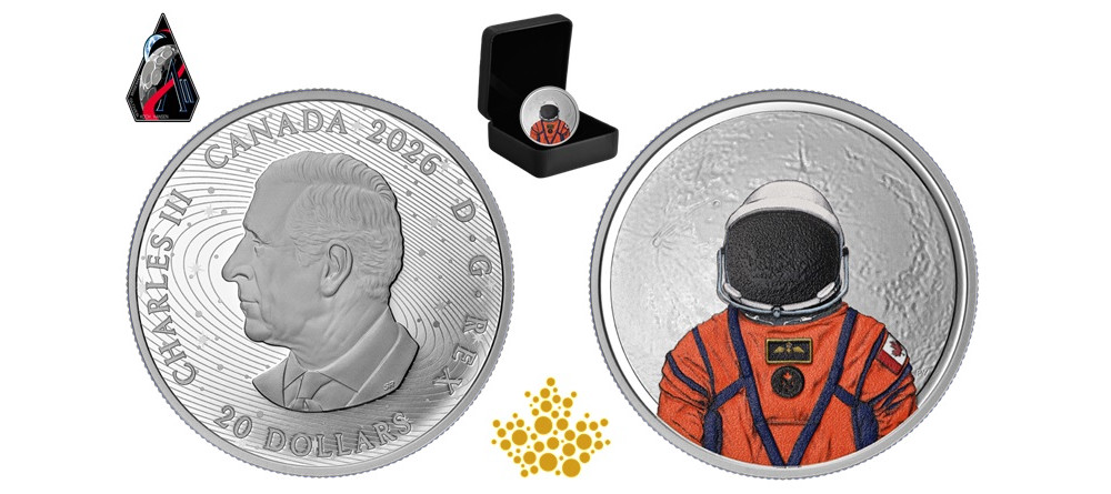 Серебряная монета Канады Артемида II 2026 20 долларов Джереми Хансен астронавт скафандр Луна цветная печать
