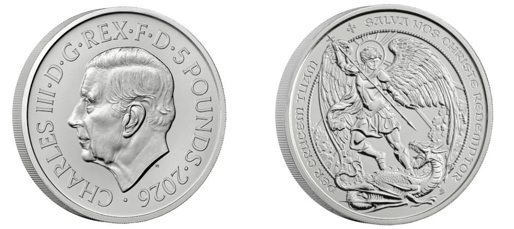 Памятная монета Великобритании 2026 года, 5 фунтов, Ангел, архангел Михаил, Сандро Деиана, Proof