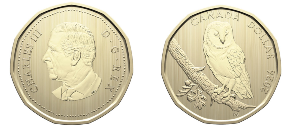 Монета Канады 1 доллар 2026 года обыкновенная сипуха на дубовой ветке реверс