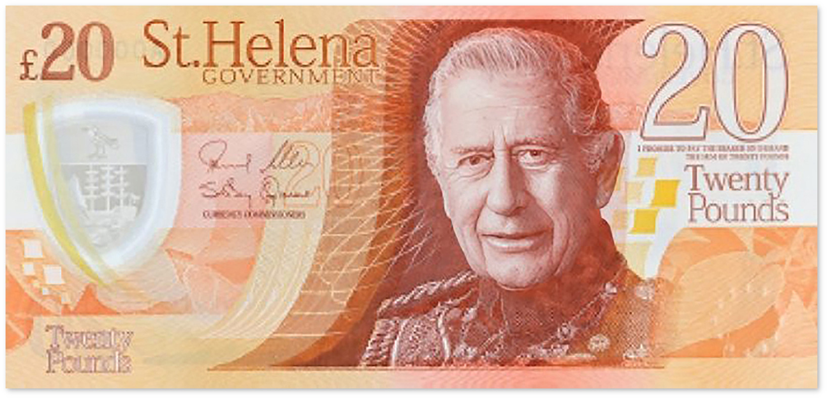 Полимерная банкнота Святой Елены 20 фунтов 2026 года портрет короля Карла III и черепаха Джонатан
